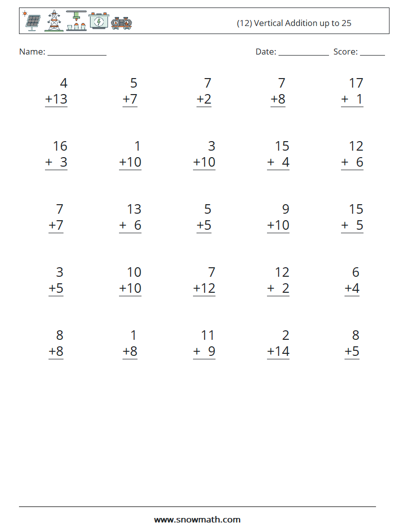 (12) Vertical Addition up to 25 Maths Worksheets 17
