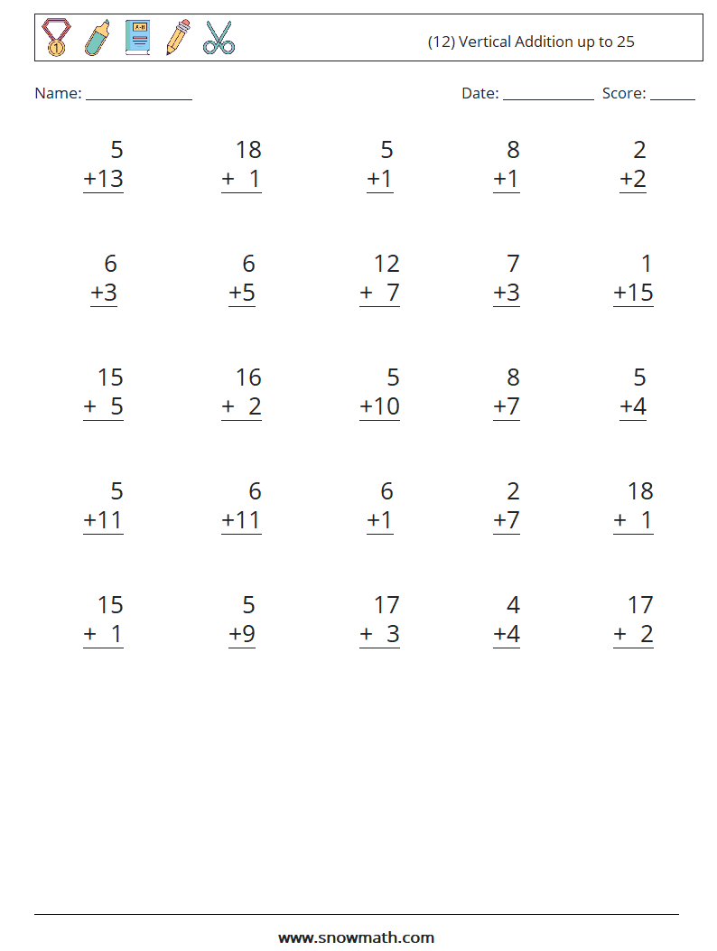 (12) Vertical Addition up to 25 Maths Worksheets 3