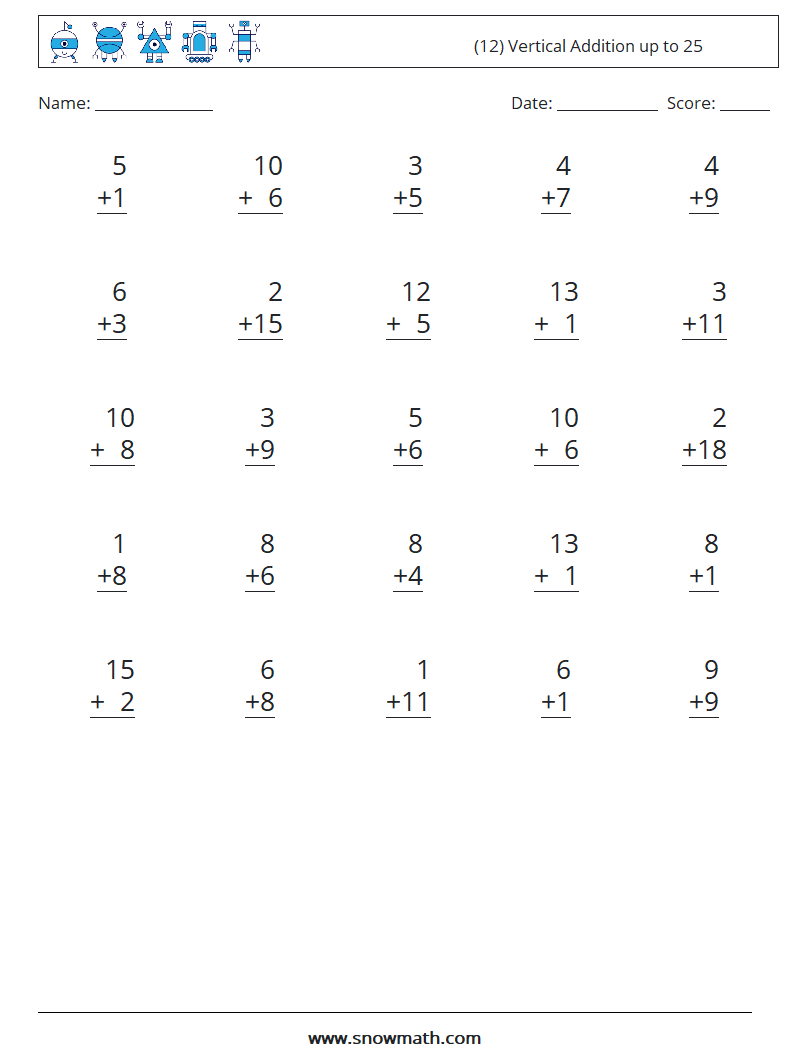 (12) Vertical Addition up to 25 Maths Worksheets 4