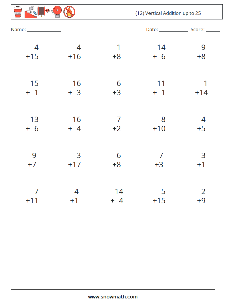 (12) Vertical Addition up to 25 Maths Worksheets 5