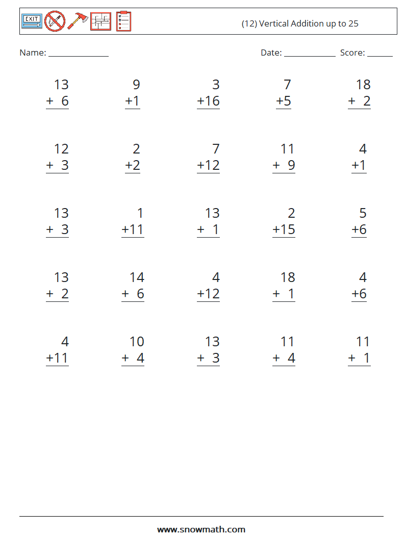 (12) Vertical Addition up to 25 Maths Worksheets 8