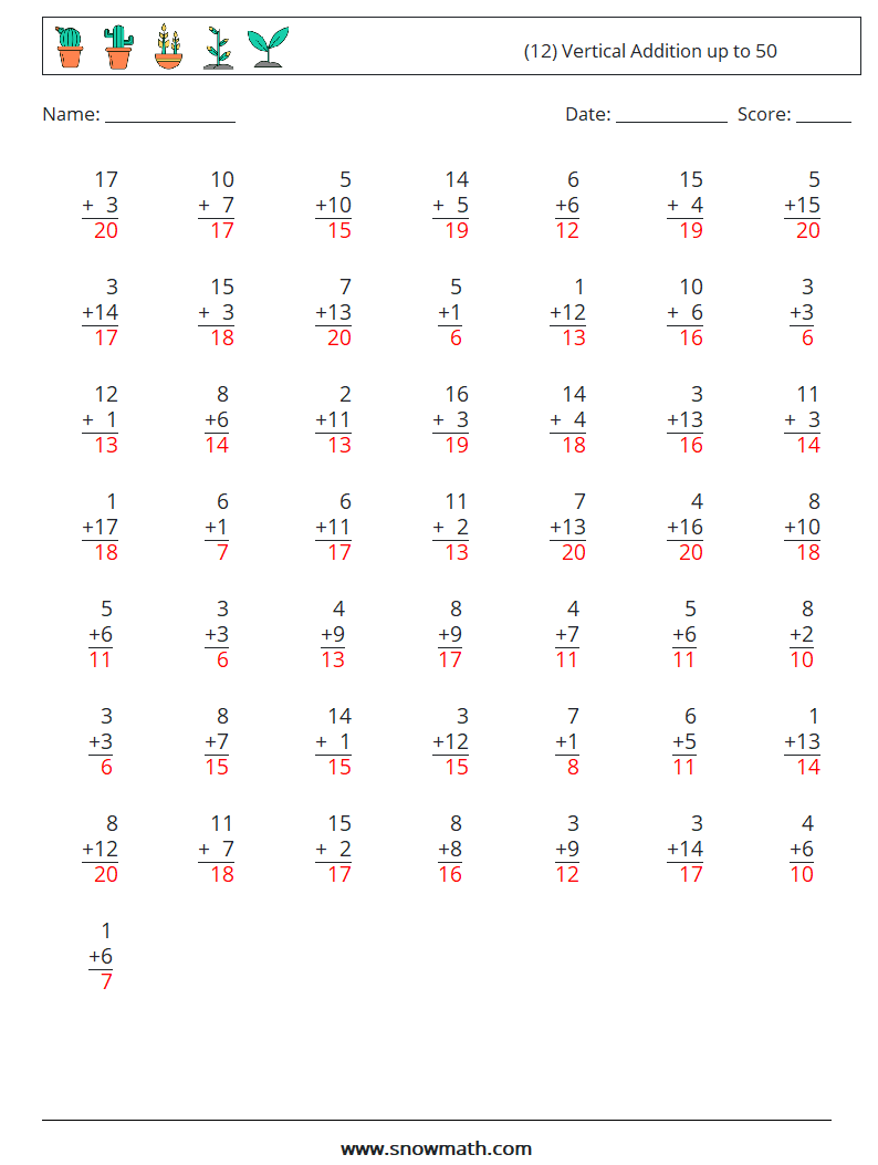 (12) Vertical Addition up to 50 Maths Worksheets 10 Question, Answer