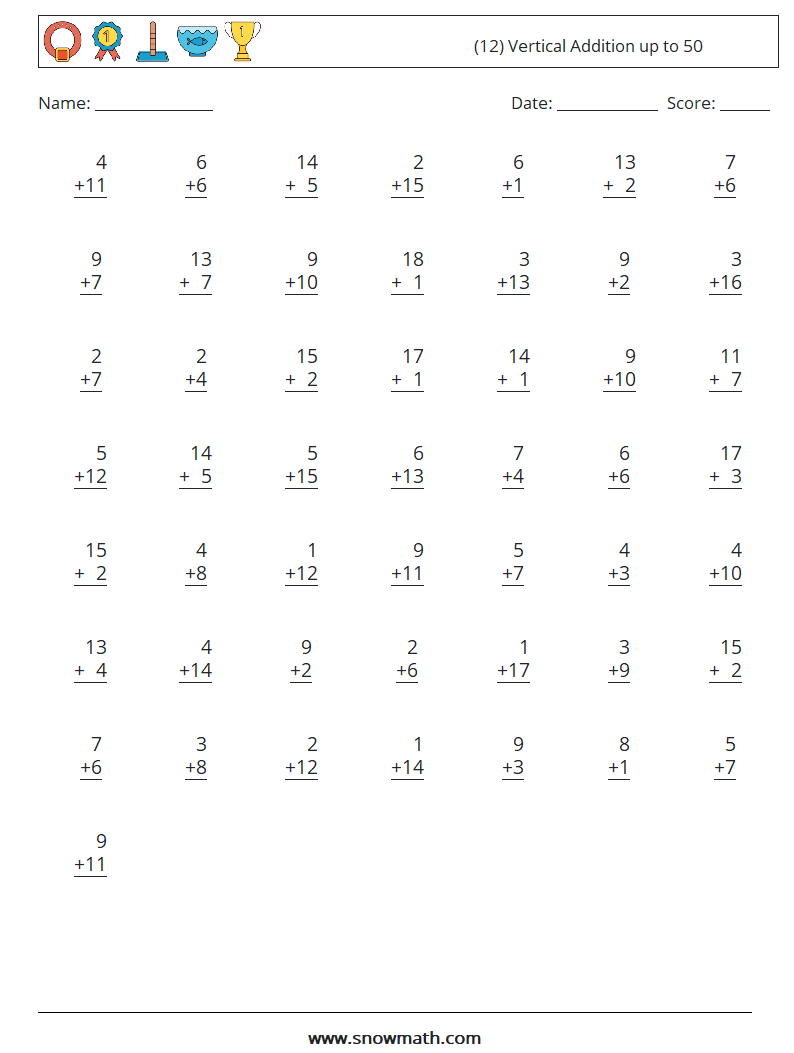 (12) Vertical Addition up to 50 Maths Worksheets 12