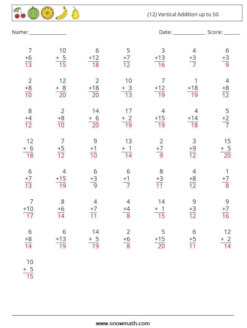 (12) Vertical Addition up to 50 Maths Worksheets 15 Question, Answer