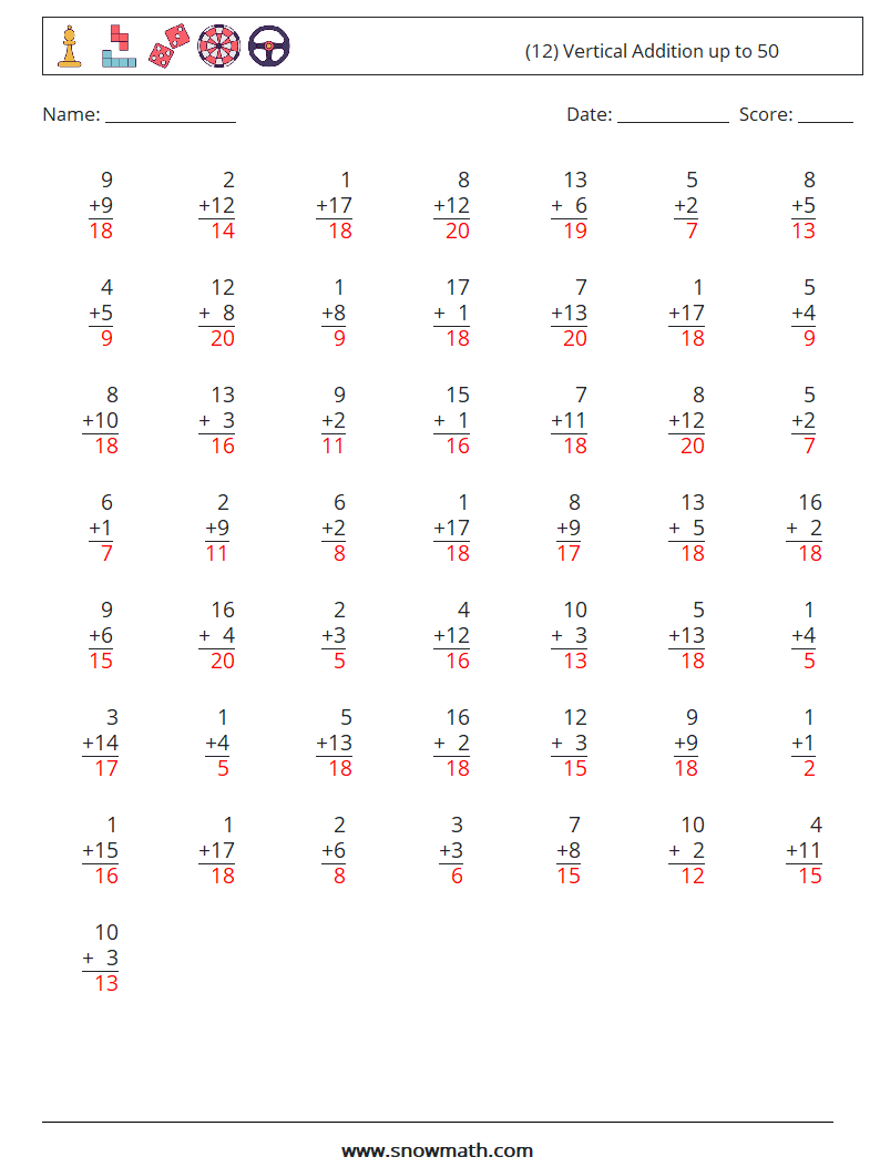 (12) Vertical Addition up to 50 Maths Worksheets 18 Question, Answer