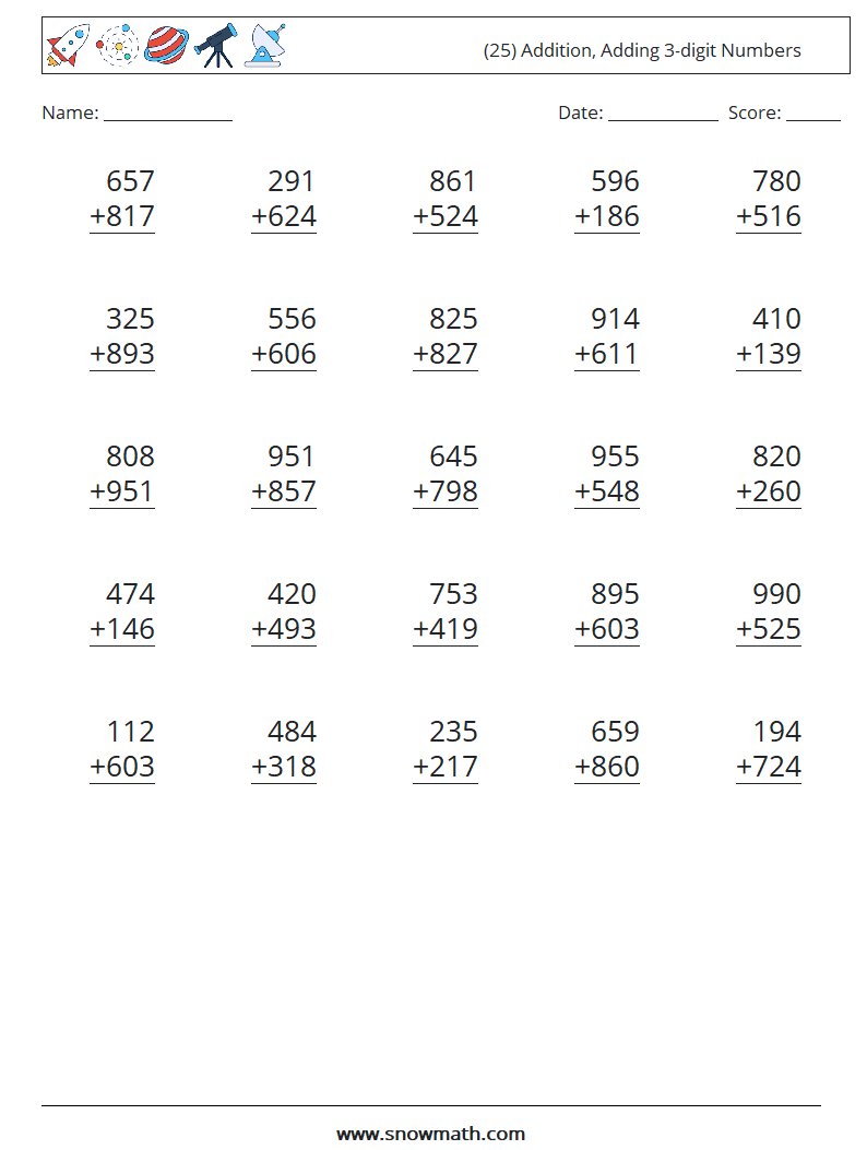 (25) Addition, Adding 3-digit Numbers Maths Worksheets 1