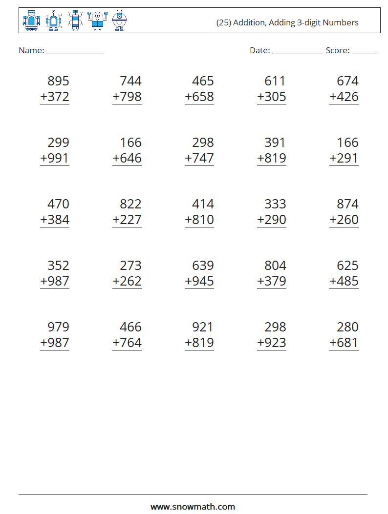 (25) Addition, Adding 3-digit Numbers Maths Worksheets 10