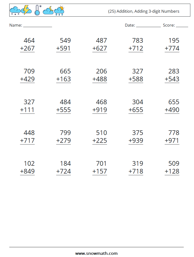 (25) Addition, Adding 3-digit Numbers Maths Worksheets 18