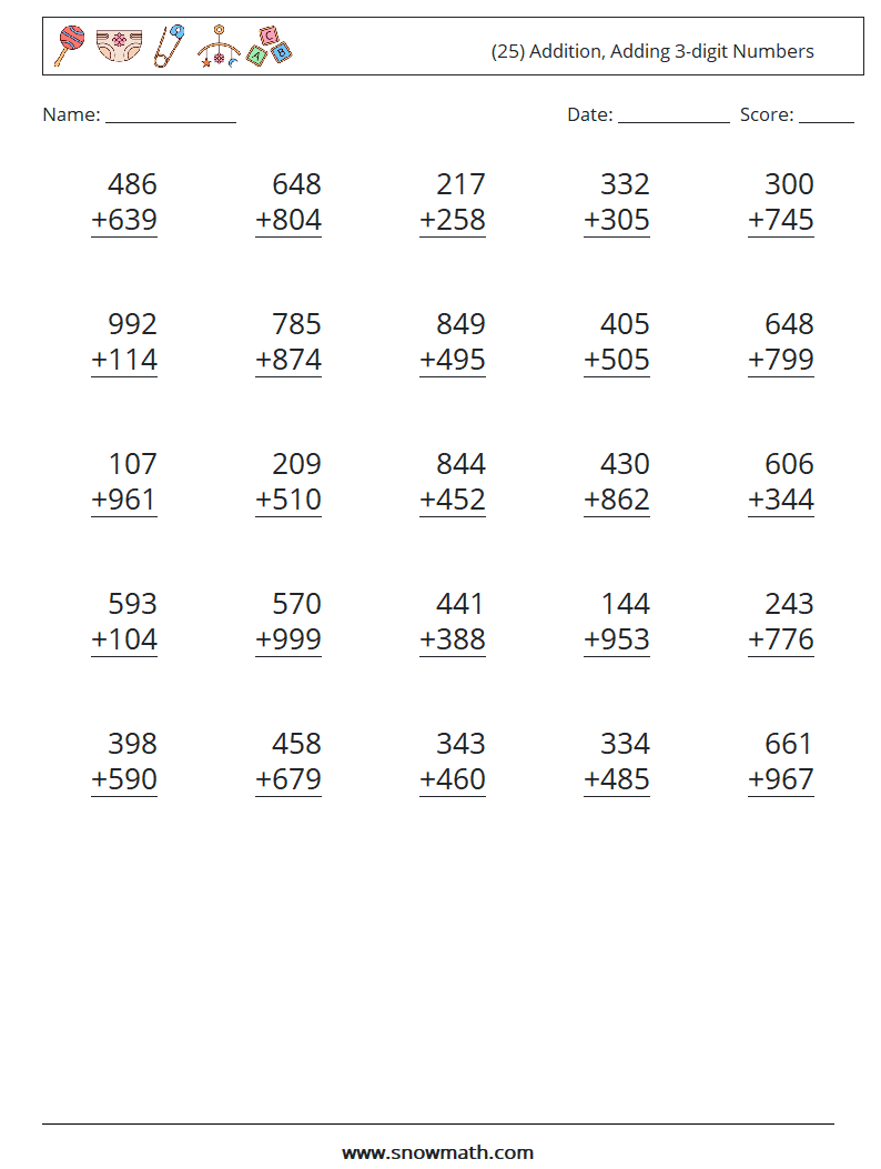 (25) Addition, Adding 3-digit Numbers Maths Worksheets 5
