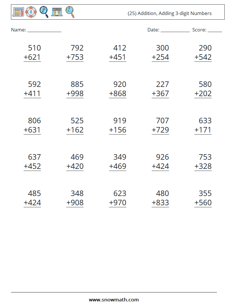 (25) Addition, Adding 3-digit Numbers Maths Worksheets 6