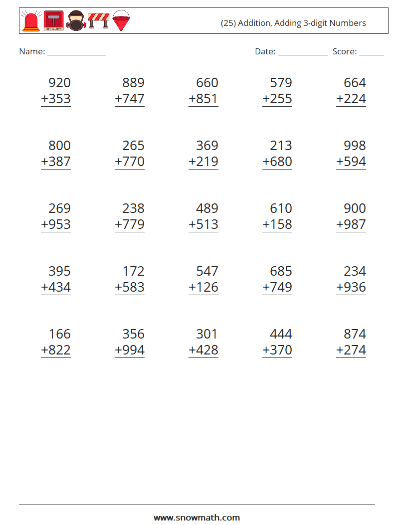 (25) Addition, Adding 3-digit Numbers Maths Worksheets 9