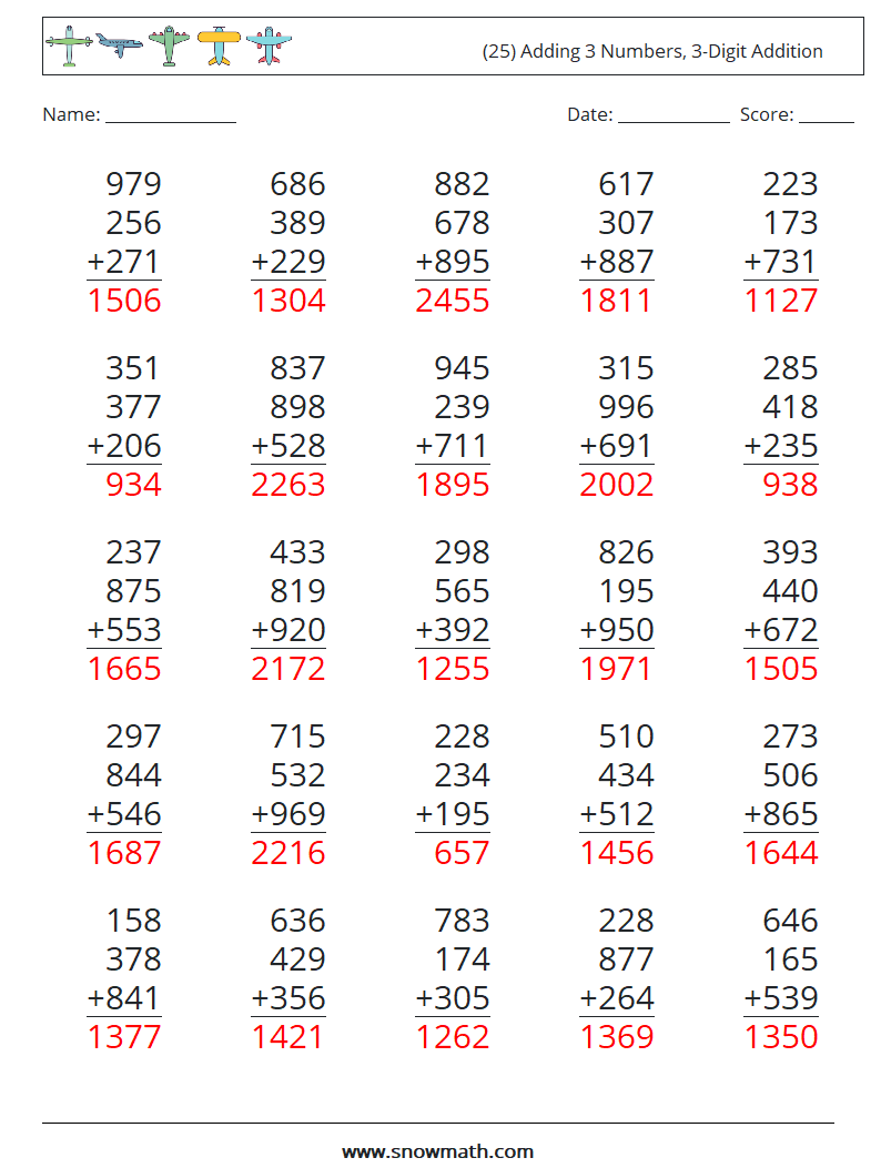 (25) Adding 3 Numbers, 3-Digit Addition Maths Worksheets 10 Question, Answer