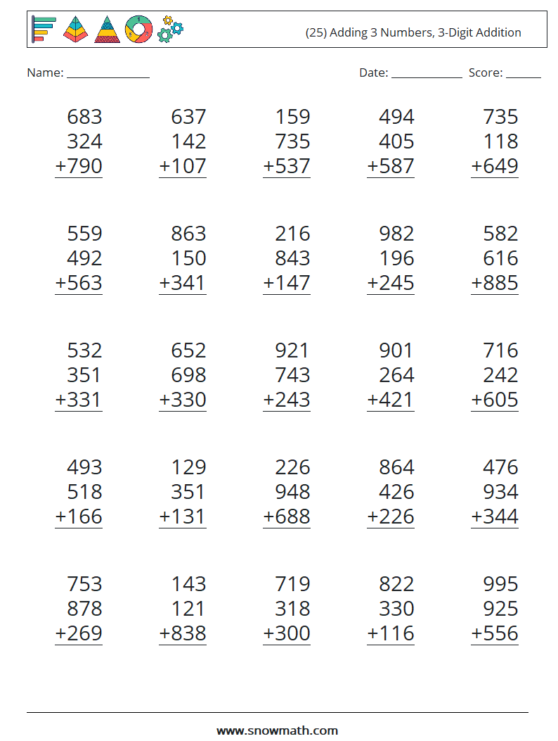 (25) Adding 3 Numbers, 3-Digit Addition Maths Worksheets 13