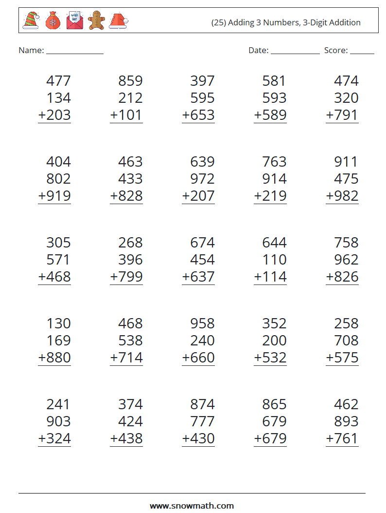 (25) Adding 3 Numbers, 3-Digit Addition Maths Worksheets 14