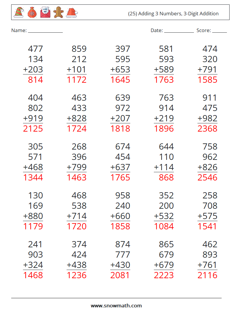 (25) Adding 3 Numbers, 3-Digit Addition Maths Worksheets 14 Question, Answer