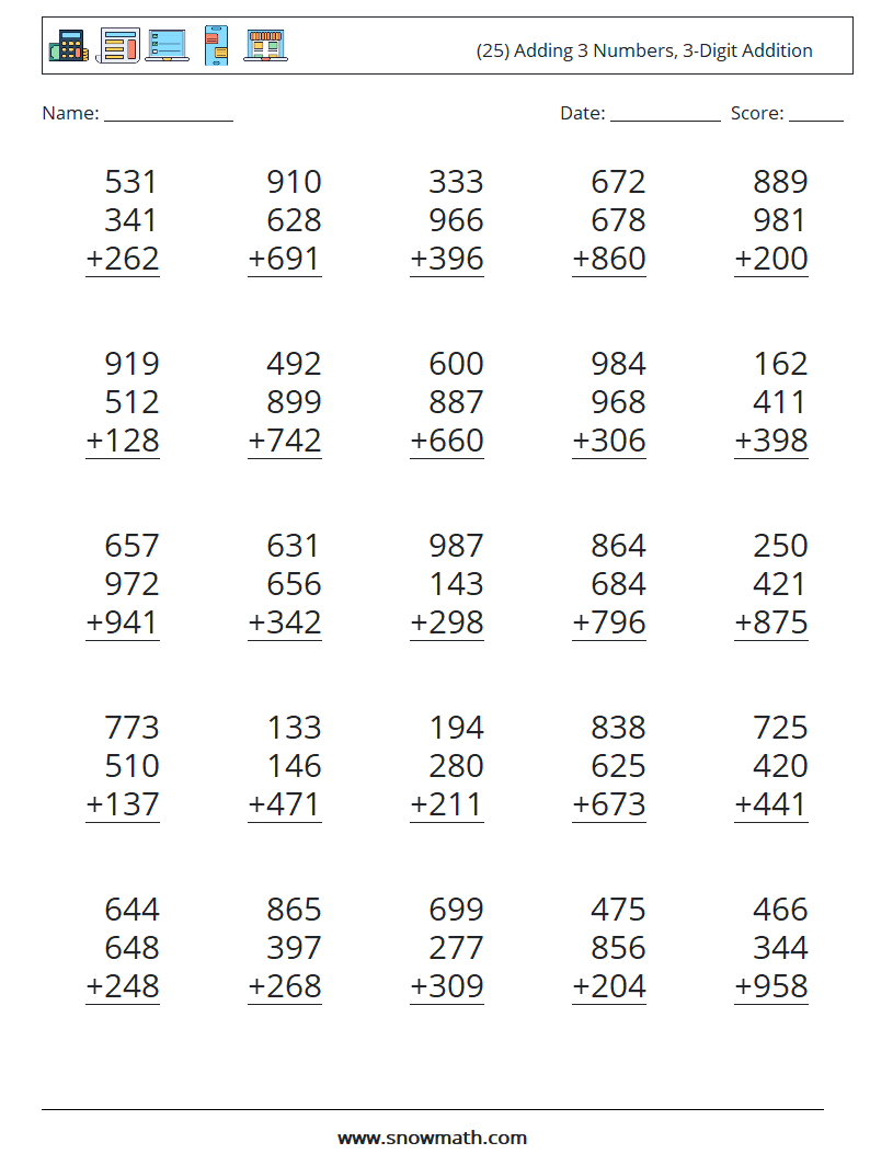 (25) Adding 3 Numbers, 3-Digit Addition Maths Worksheets 15