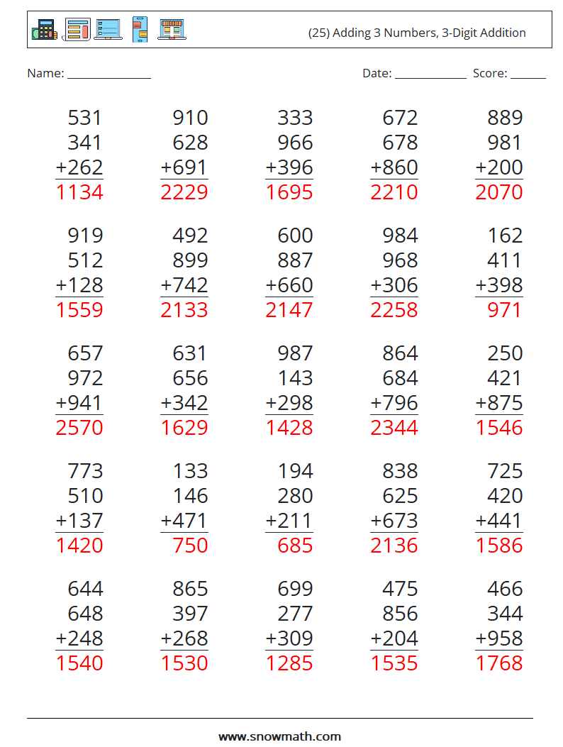 (25) Adding 3 Numbers, 3-Digit Addition Maths Worksheets 15 Question, Answer