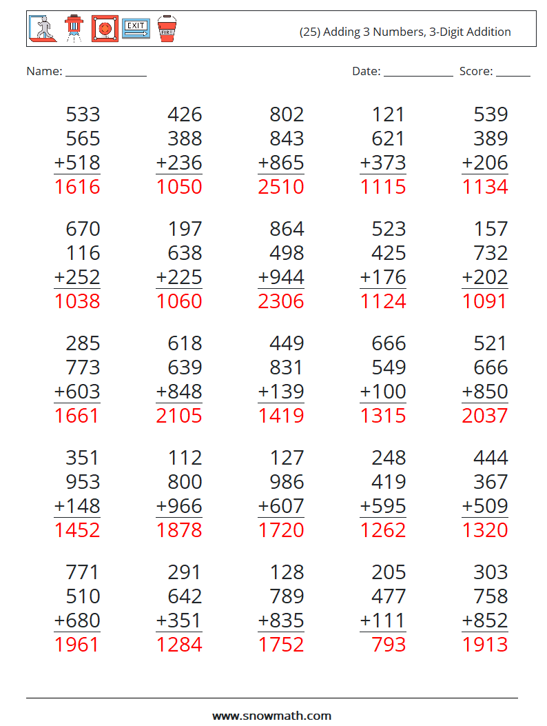 (25) Adding 3 Numbers, 3-Digit Addition Maths Worksheets 17 Question, Answer