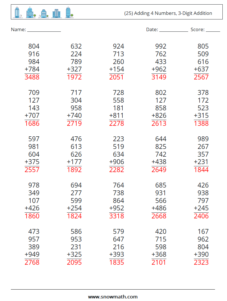 (25) Adding 4 Numbers, 3-Digit Addition Maths Worksheets 11 Question, Answer