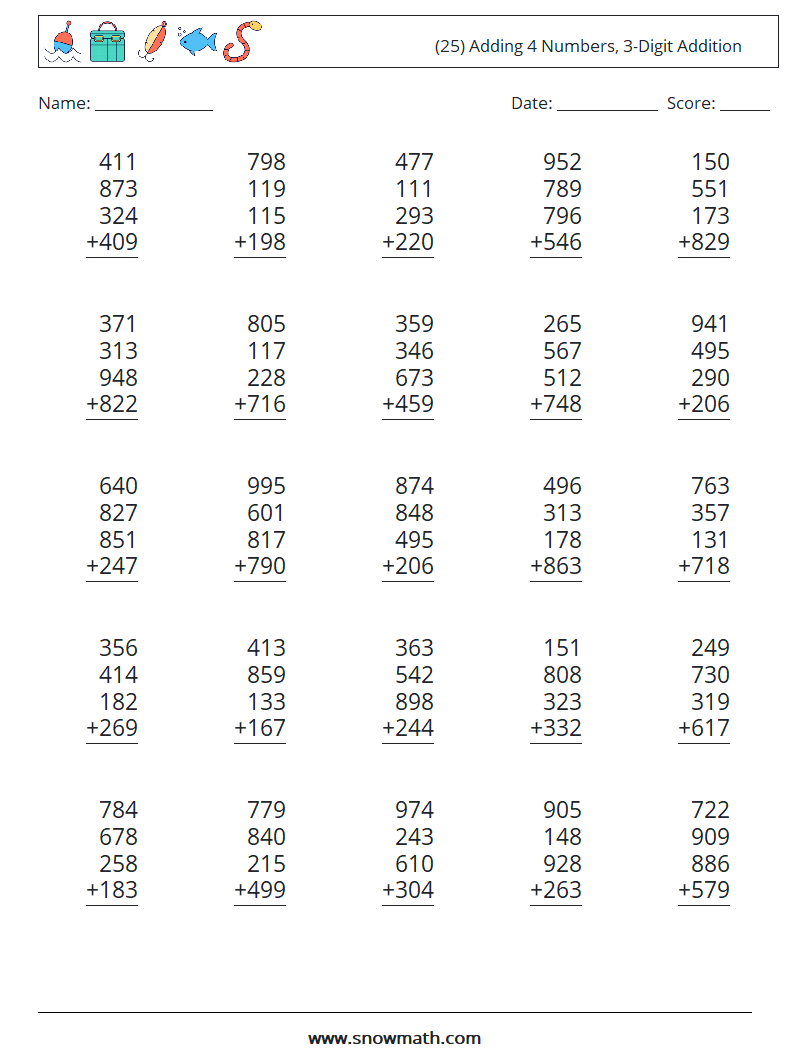 (25) Adding 4 Numbers, 3-Digit Addition Maths Worksheets 15