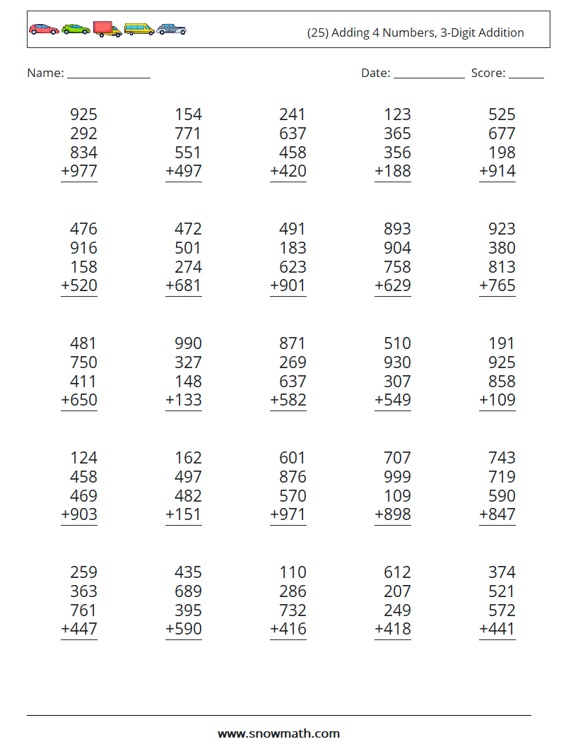 (25) Adding 4 Numbers, 3-Digit Addition Maths Worksheets 16