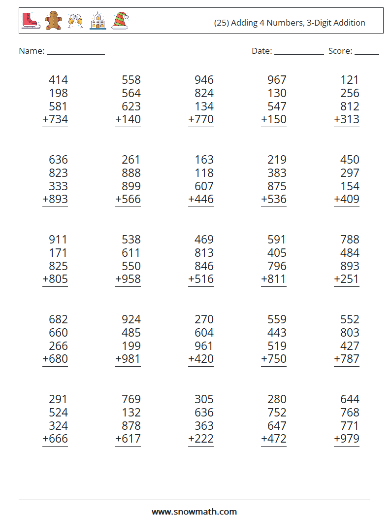 (25) Adding 4 Numbers, 3-Digit Addition Maths Worksheets 17