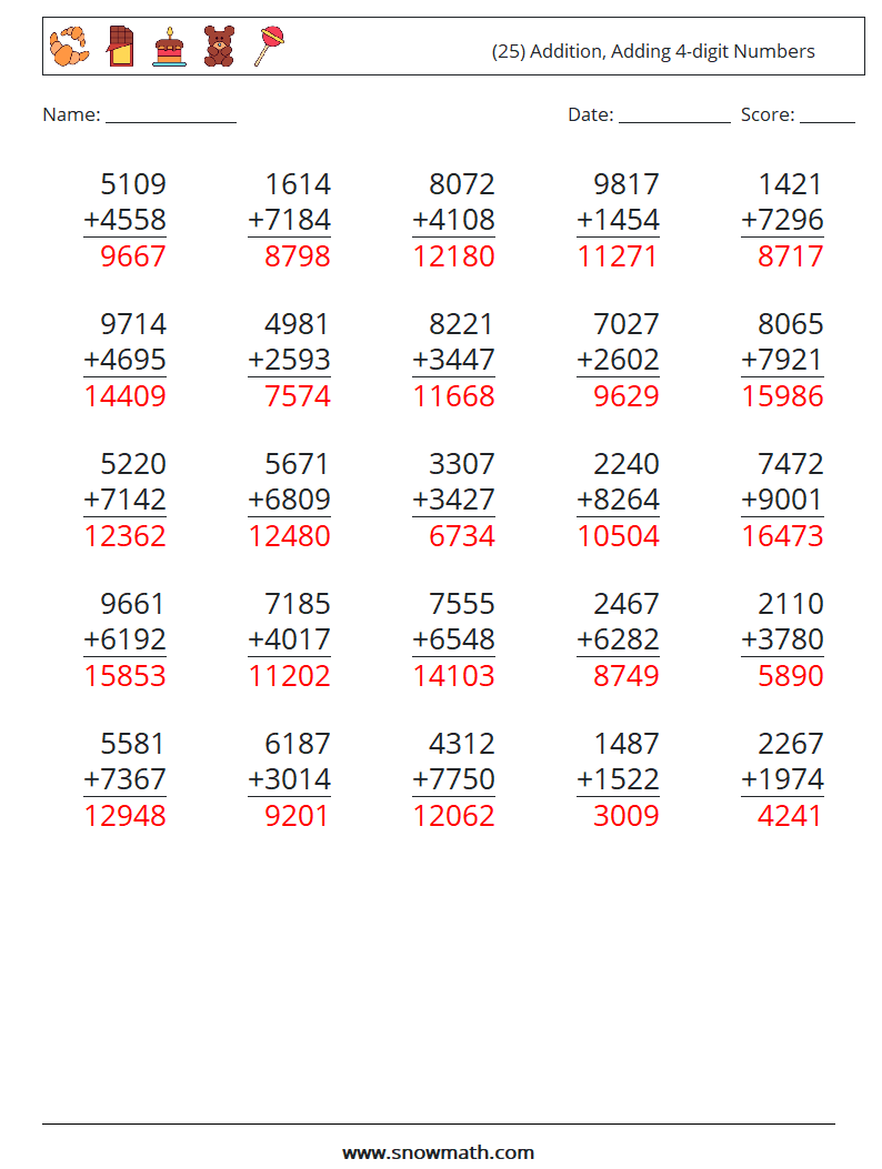 (25) Addition, Adding 4-digit Numbers Maths Worksheets 10 Question, Answer