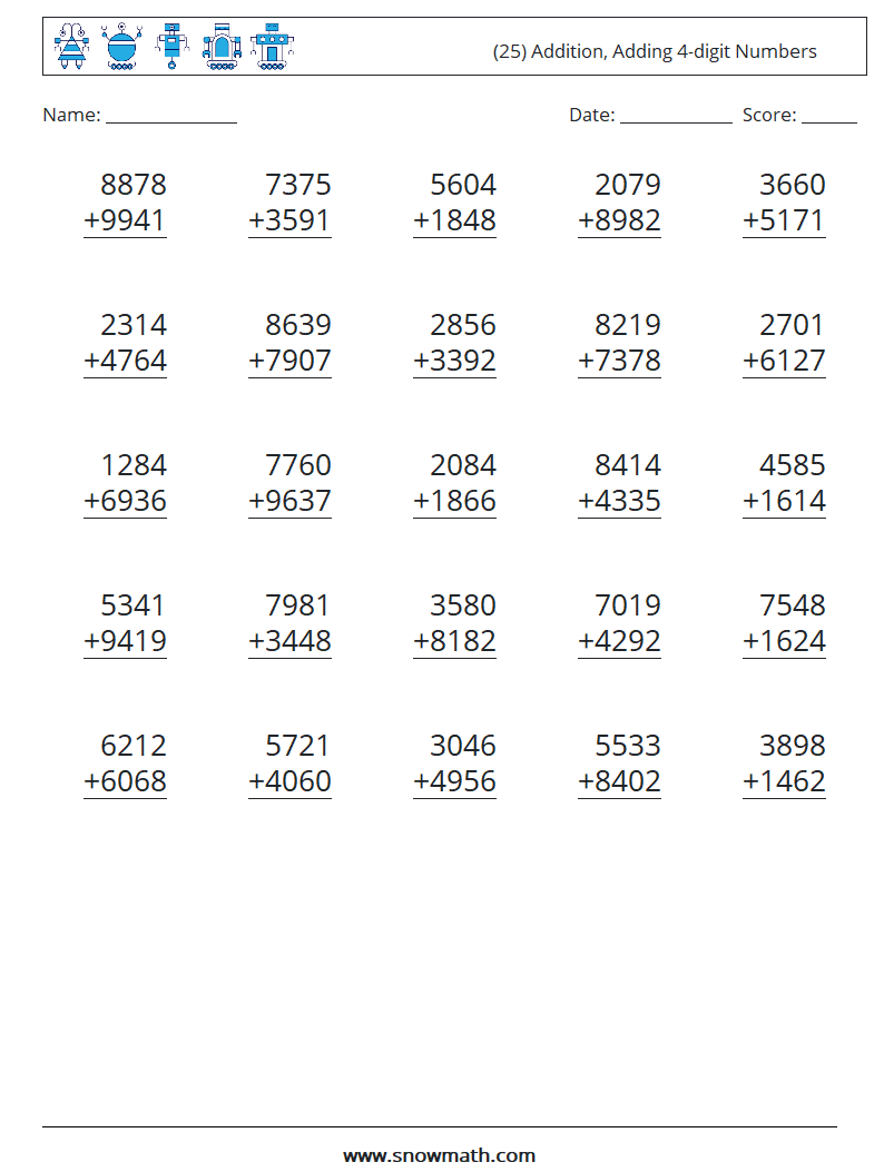 (25) Addition, Adding 4-digit Numbers Maths Worksheets 11