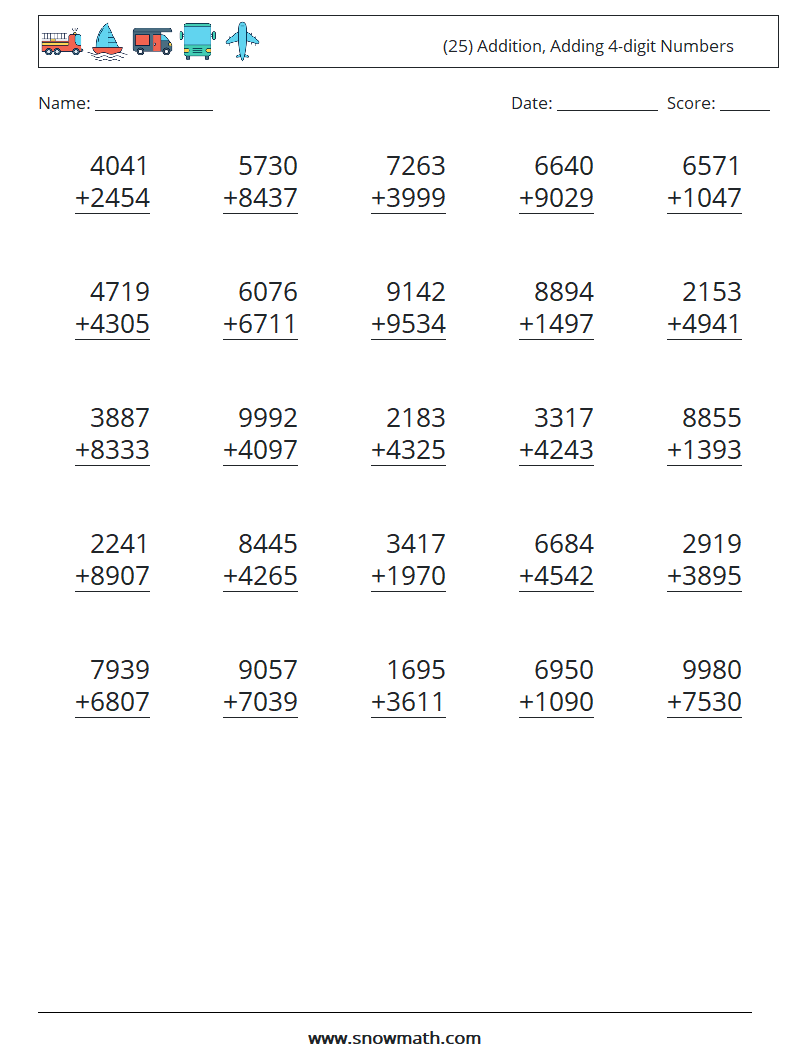 (25) Addition, Adding 4-digit Numbers Maths Worksheets 12