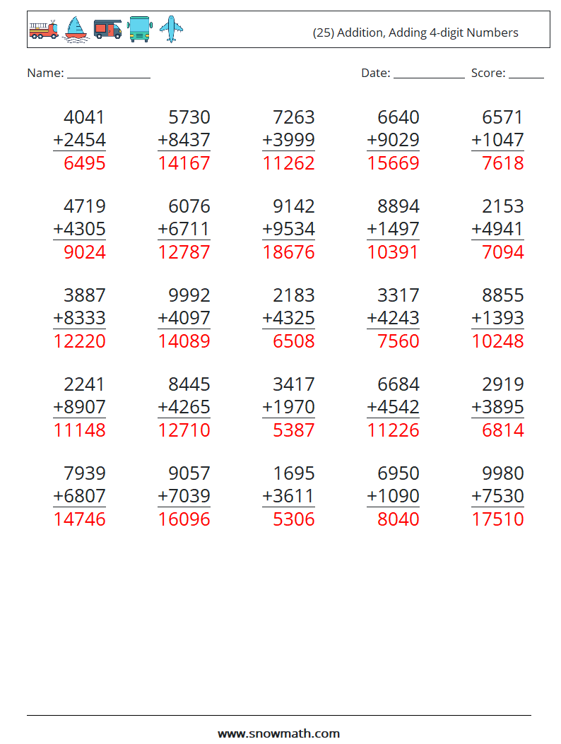 (25) Addition, Adding 4-digit Numbers Maths Worksheets 12 Question, Answer