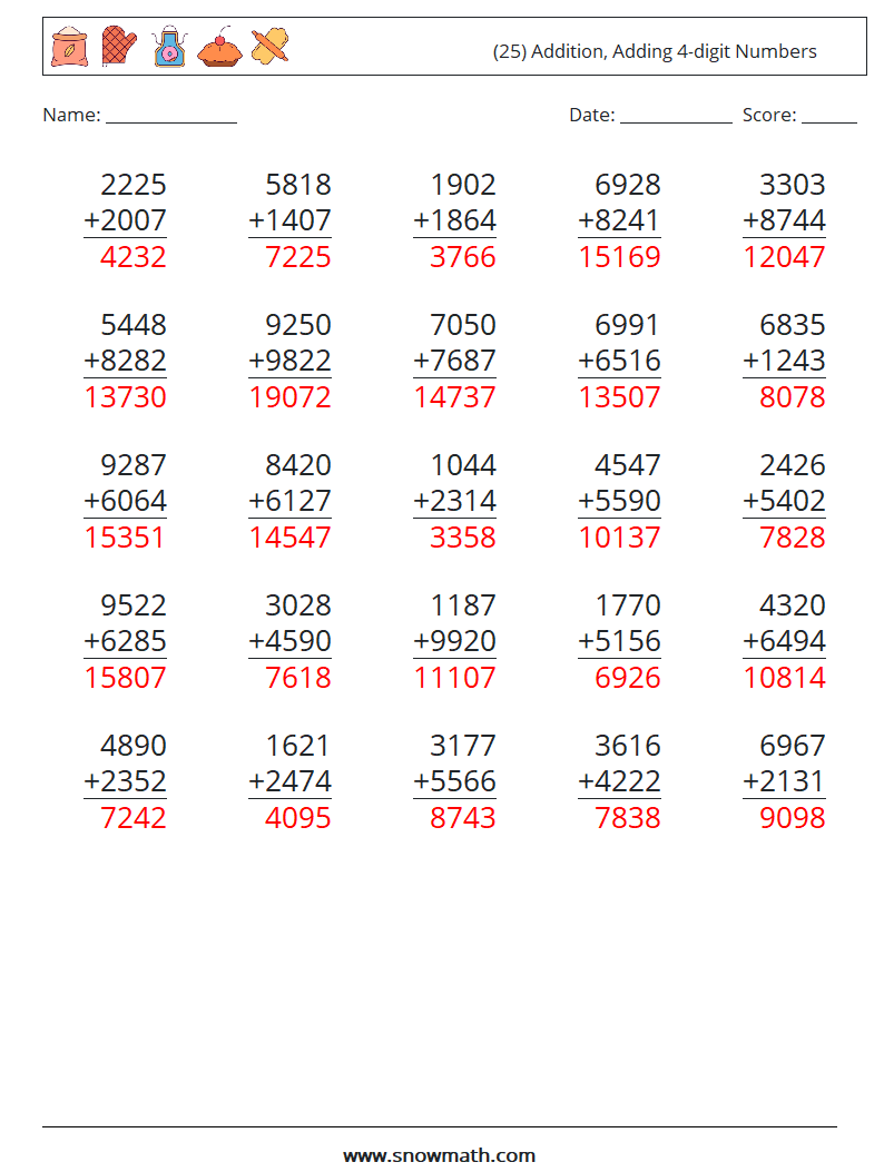 (25) Addition, Adding 4-digit Numbers Maths Worksheets 13 Question, Answer