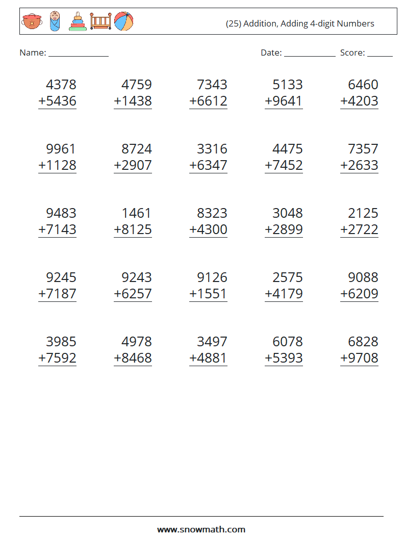 (25) Addition, Adding 4-digit Numbers Maths Worksheets 14