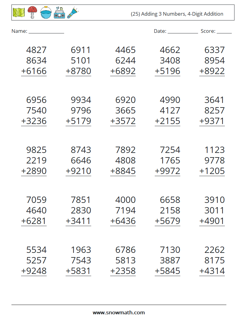 (25) Adding 3 Numbers, 4-Digit Addition Maths Worksheets 10