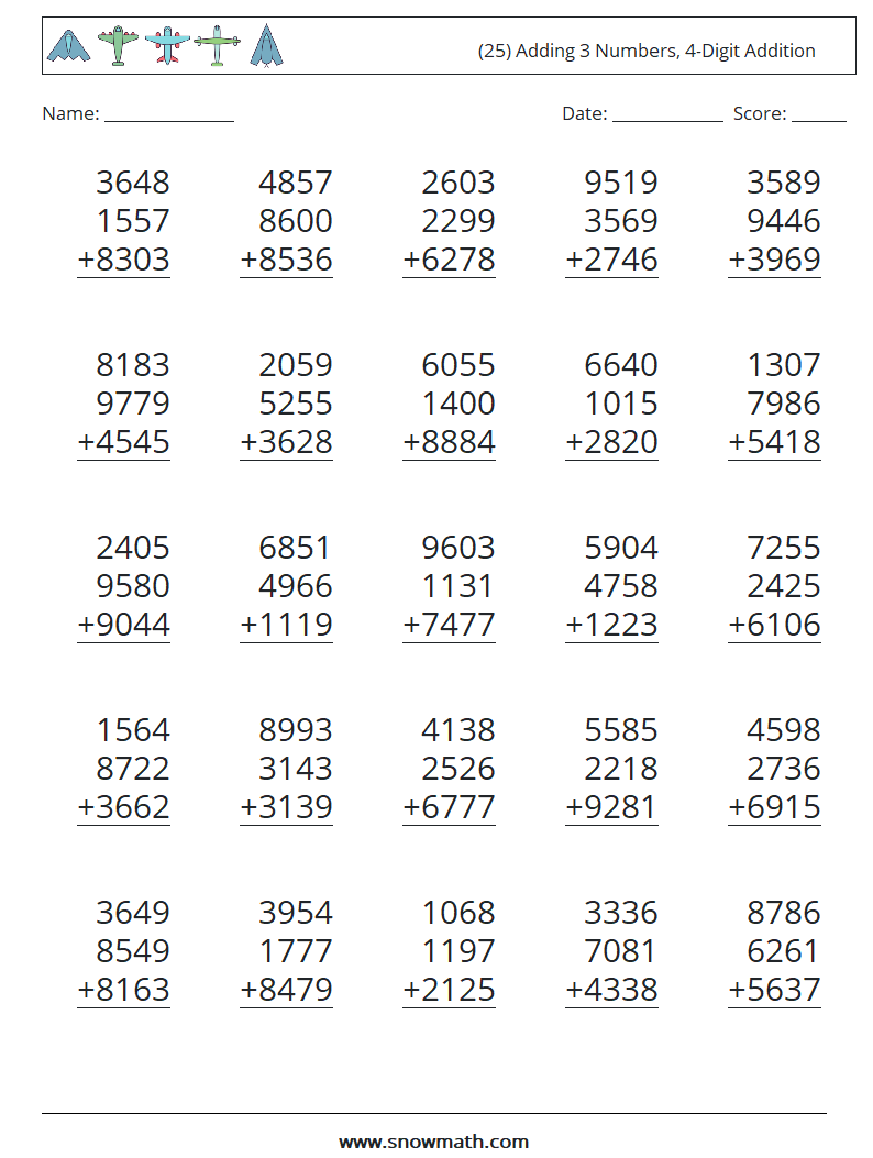 (25) Adding 3 Numbers, 4-Digit Addition Maths Worksheets 12