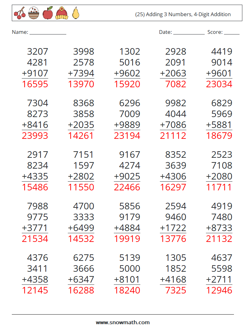 (25) Adding 3 Numbers, 4-Digit Addition Maths Worksheets 14 Question, Answer