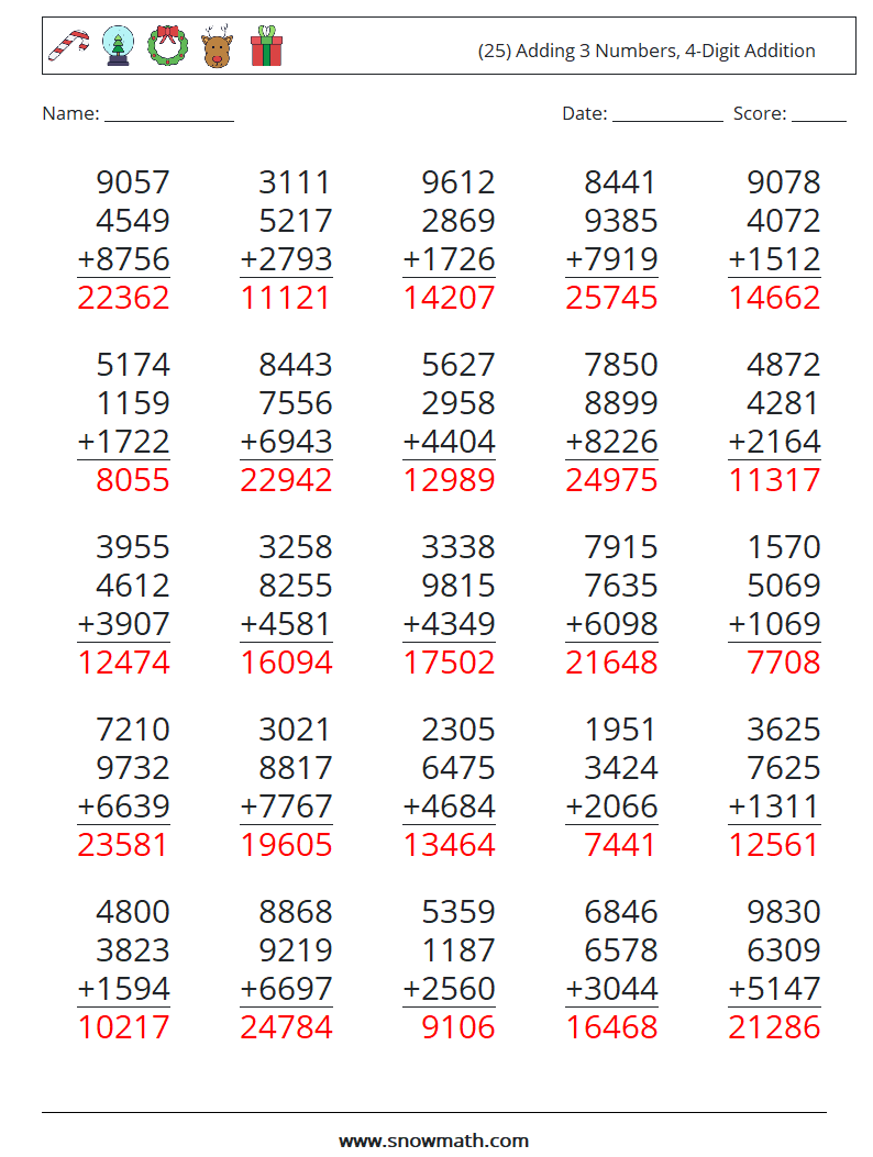 (25) Adding 3 Numbers, 4-Digit Addition Maths Worksheets 17 Question, Answer