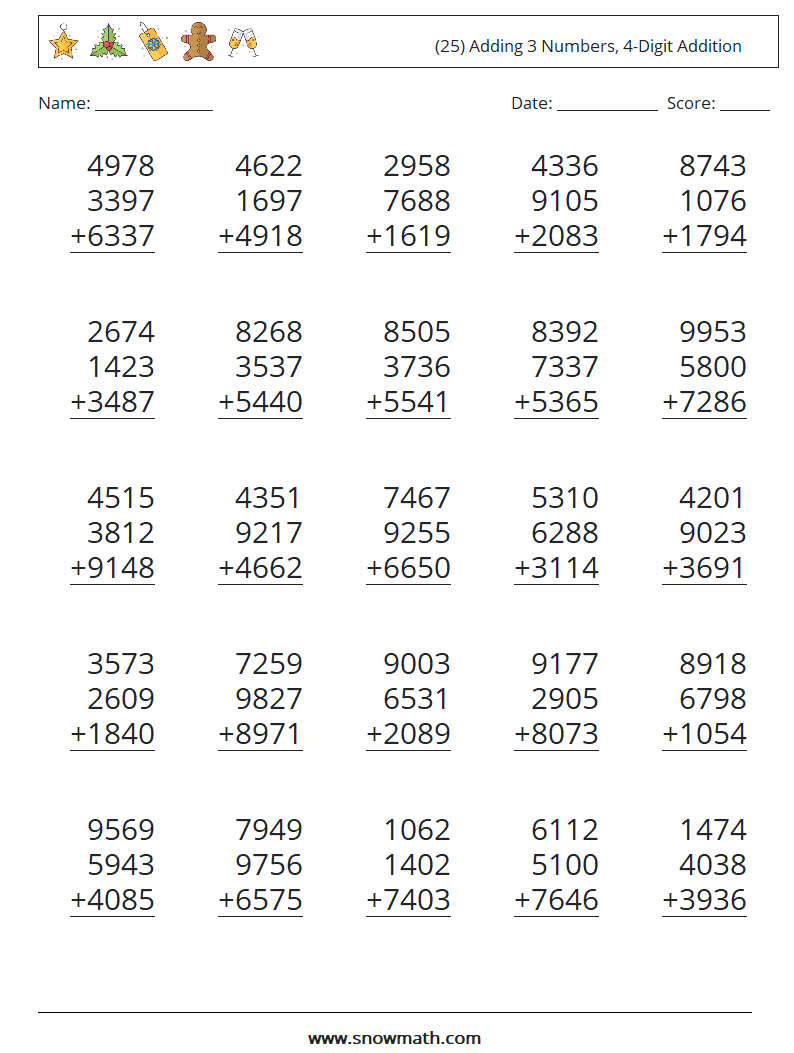 (25) Adding 3 Numbers, 4-Digit Addition Maths Worksheets 18