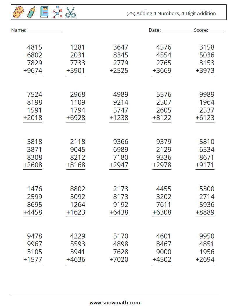 (25) Adding 4 Numbers, 4-Digit Addition Maths Worksheets 10