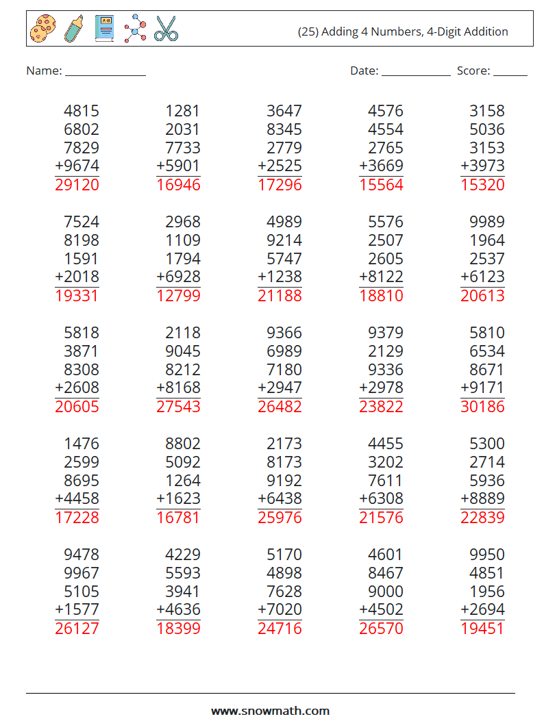 (25) Adding 4 Numbers, 4-Digit Addition Maths Worksheets 10 Question, Answer