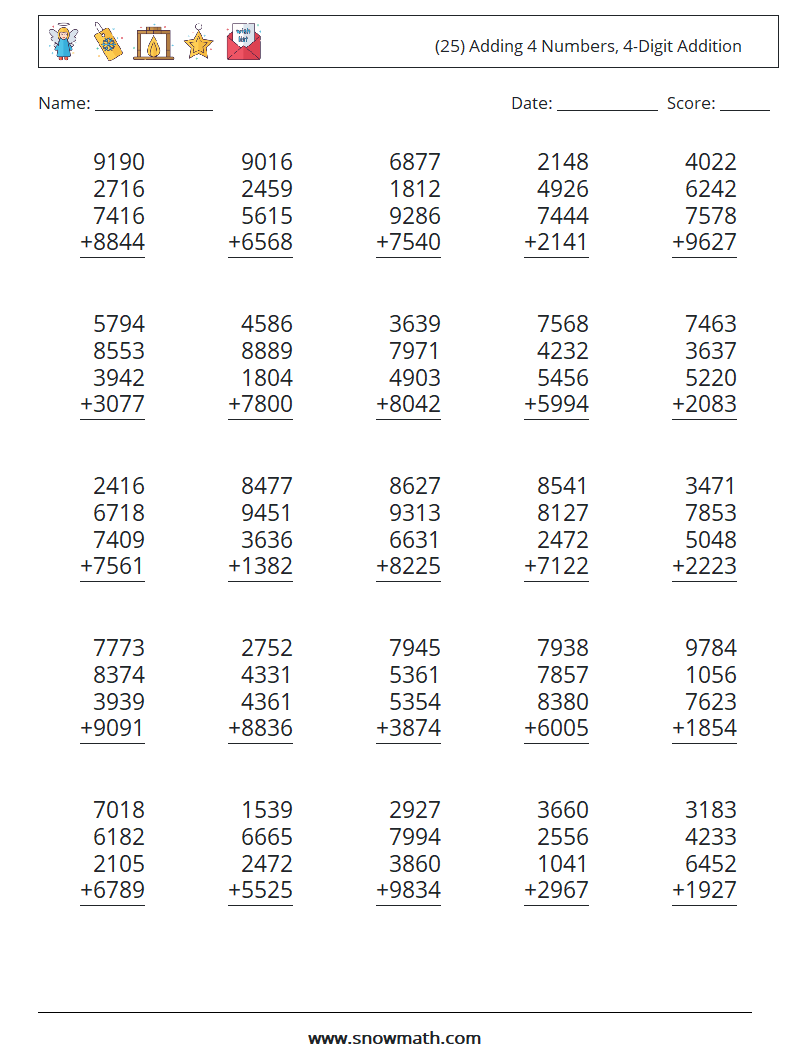 (25) Adding 4 Numbers, 4-Digit Addition Maths Worksheets 11