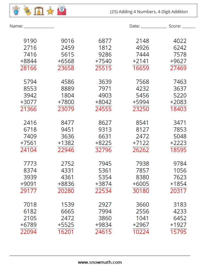 (25) Adding 4 Numbers, 4-Digit Addition Maths Worksheets 11 Question, Answer