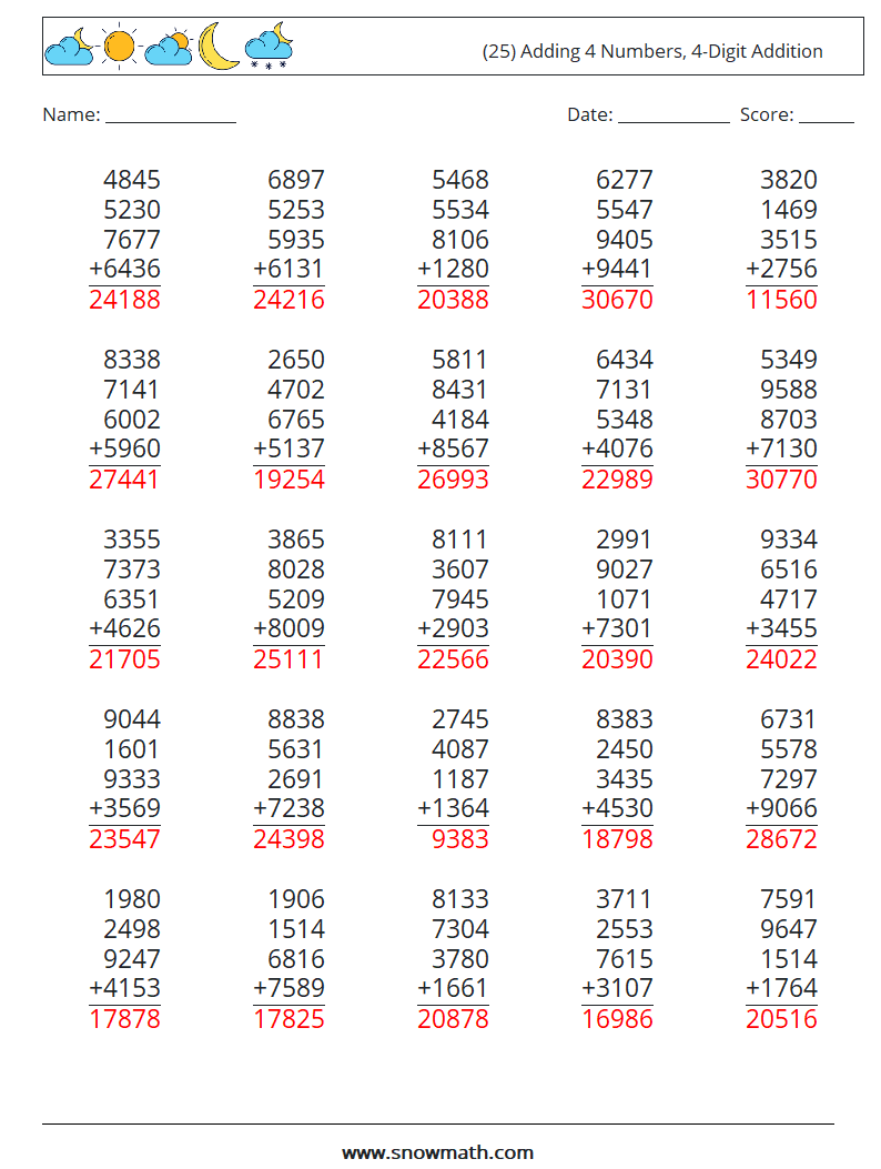 (25) Adding 4 Numbers, 4-Digit Addition Maths Worksheets 12 Question, Answer