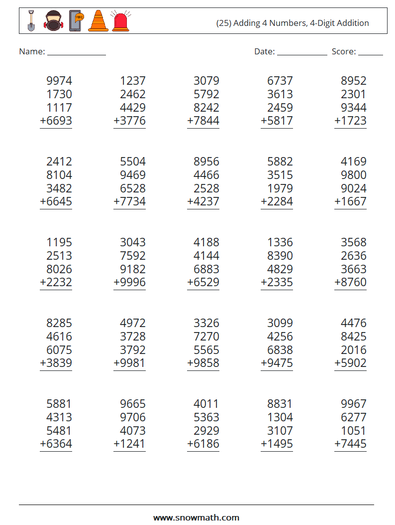 (25) Adding 4 Numbers, 4-Digit Addition Maths Worksheets 13