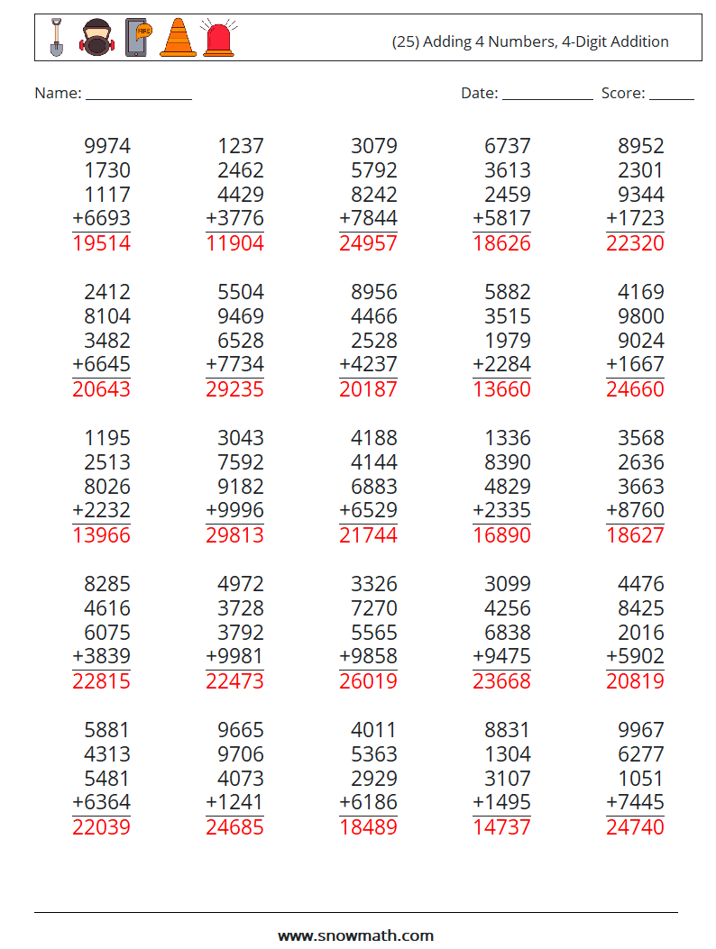 (25) Adding 4 Numbers, 4-Digit Addition Maths Worksheets 13 Question, Answer