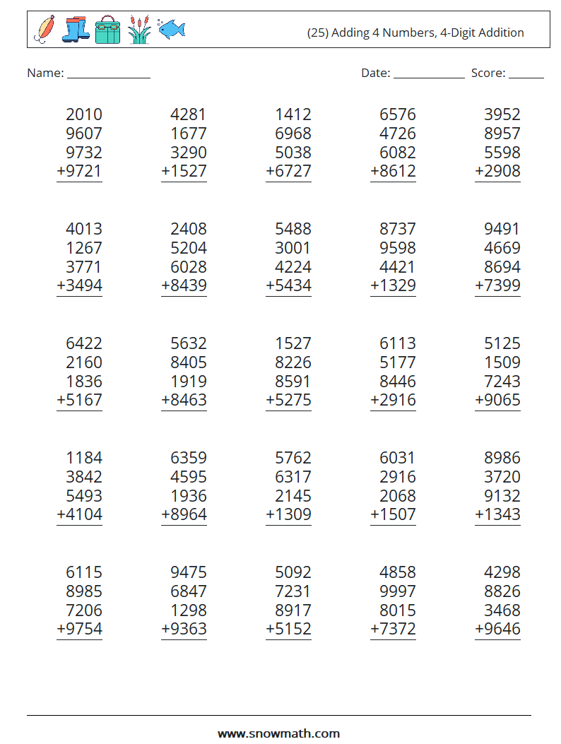 (25) Adding 4 Numbers, 4-Digit Addition Maths Worksheets 14