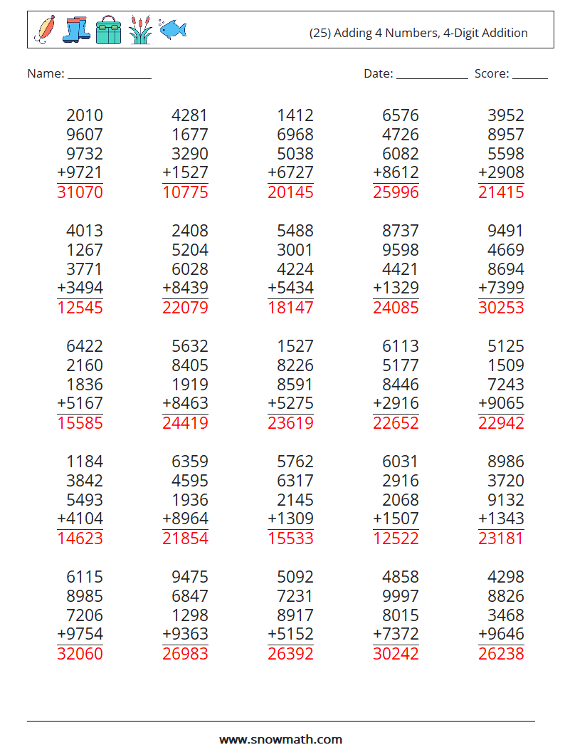 (25) Adding 4 Numbers, 4-Digit Addition Maths Worksheets 14 Question, Answer