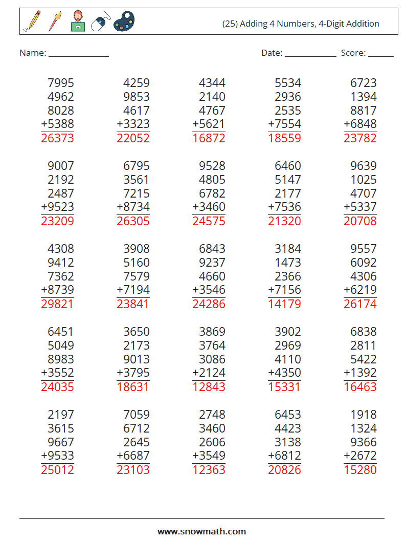 (25) Adding 4 Numbers, 4-Digit Addition Maths Worksheets 15 Question, Answer