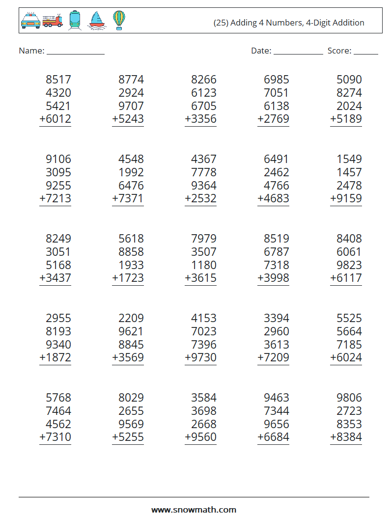 (25) Adding 4 Numbers, 4-Digit Addition Maths Worksheets 16