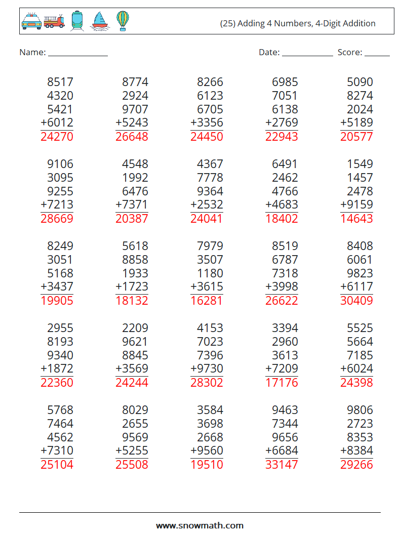 (25) Adding 4 Numbers, 4-Digit Addition Maths Worksheets 16 Question, Answer