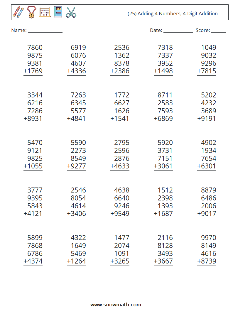 (25) Adding 4 Numbers, 4-Digit Addition Maths Worksheets 17